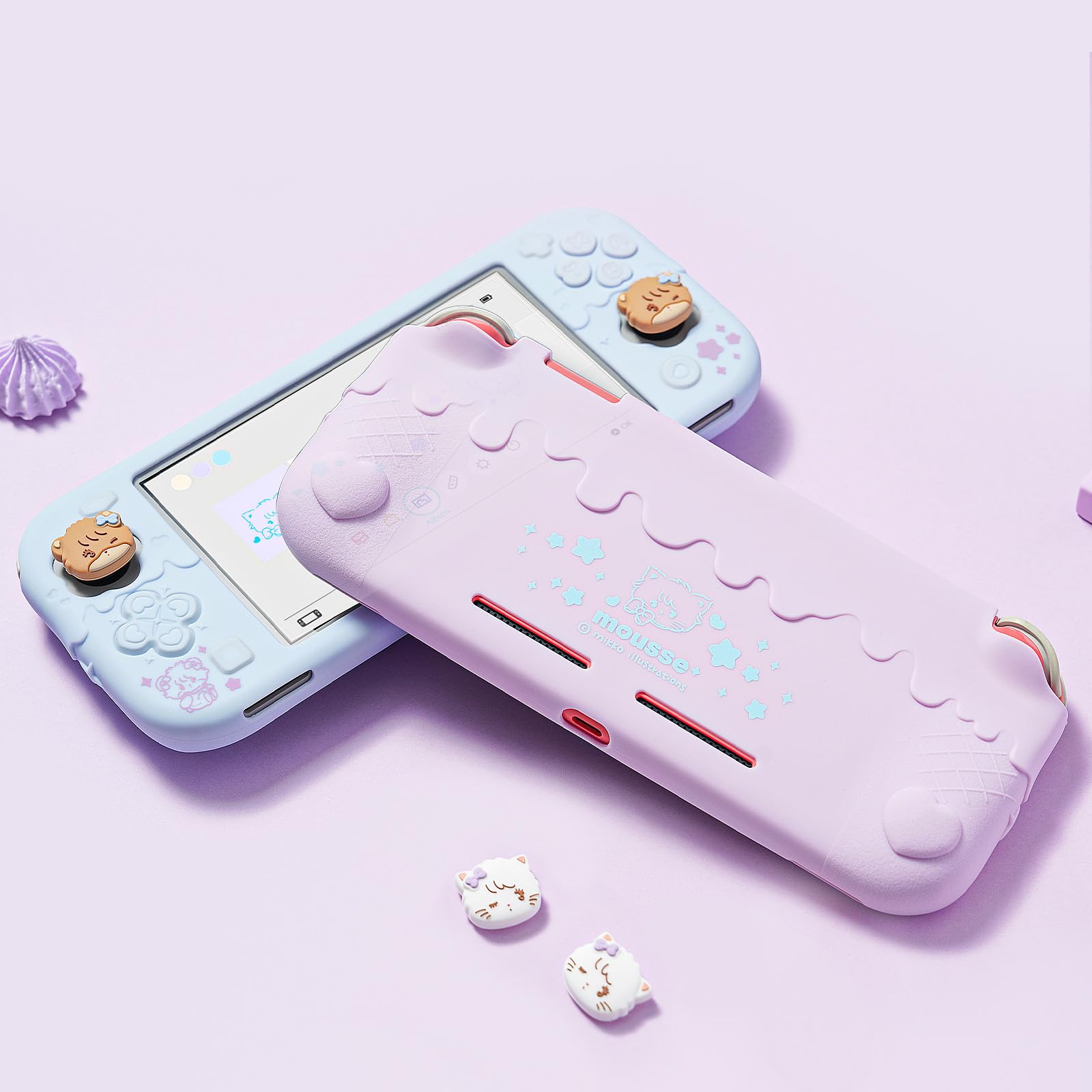 GeekShare Miękka Ochrona Silikonowa Kompatybilna z Switch Lite, Słodka Obudowa z Wzorem Mrożonek Miękka dla Switch Lite z 2 Pokrywami na Kciuki - Fioletowy Mikko