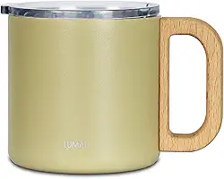 LUMAI Caneca Térmica Vietnã 350ml Aço Inoxidável, Parede Dupla Isolada a Vácuo, Mantém Bebidas Quentes ou Frias por Horas, Tampa Vedada Antivazamento, Alça de Madeira – Amarelo