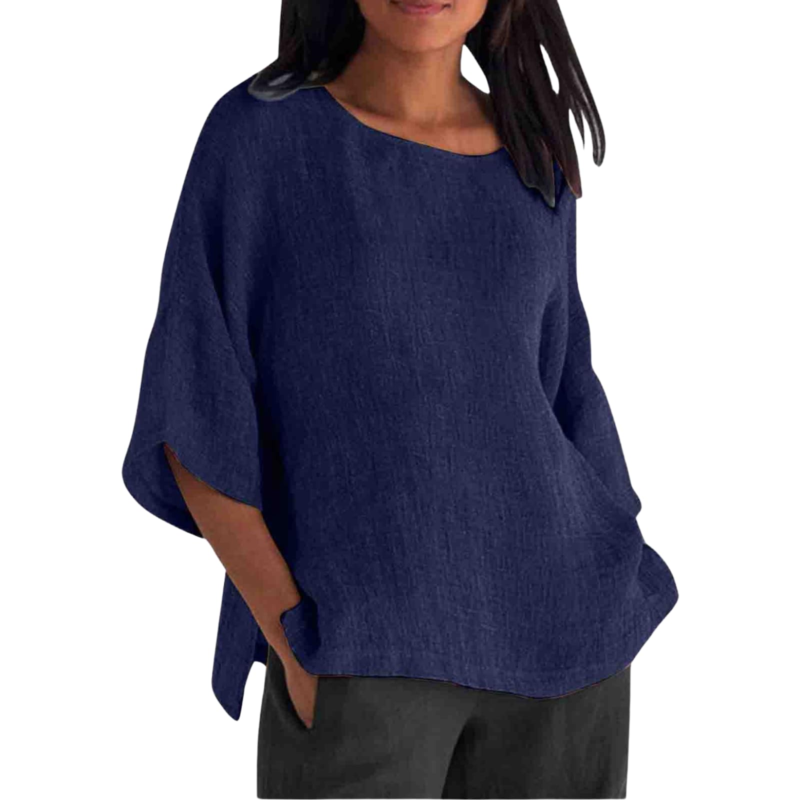 Women Linen T Shirt Casual 3/4 Batwing Sleeve Blouses Solid Color Sun Shirt Loose Pullover Tunic Top