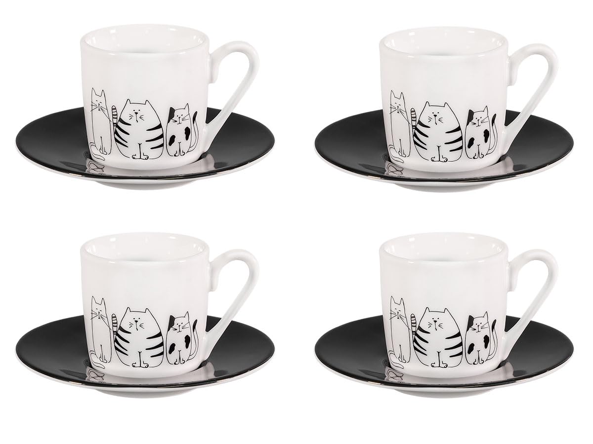 Könitz Espresso Tassen Set Funny Cats. 4 Kaffeetassen 65ml aus Porzellan. Espressotassen modern, schwarz-weiß