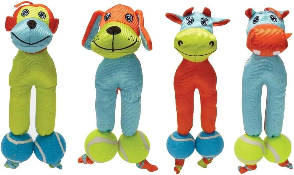 MPP Dog Toy Indoor Outdoor Play Bright Double Tennis Ball Cuddle Chew Tug Toss Fetch (Full Set - All 4 Toys)