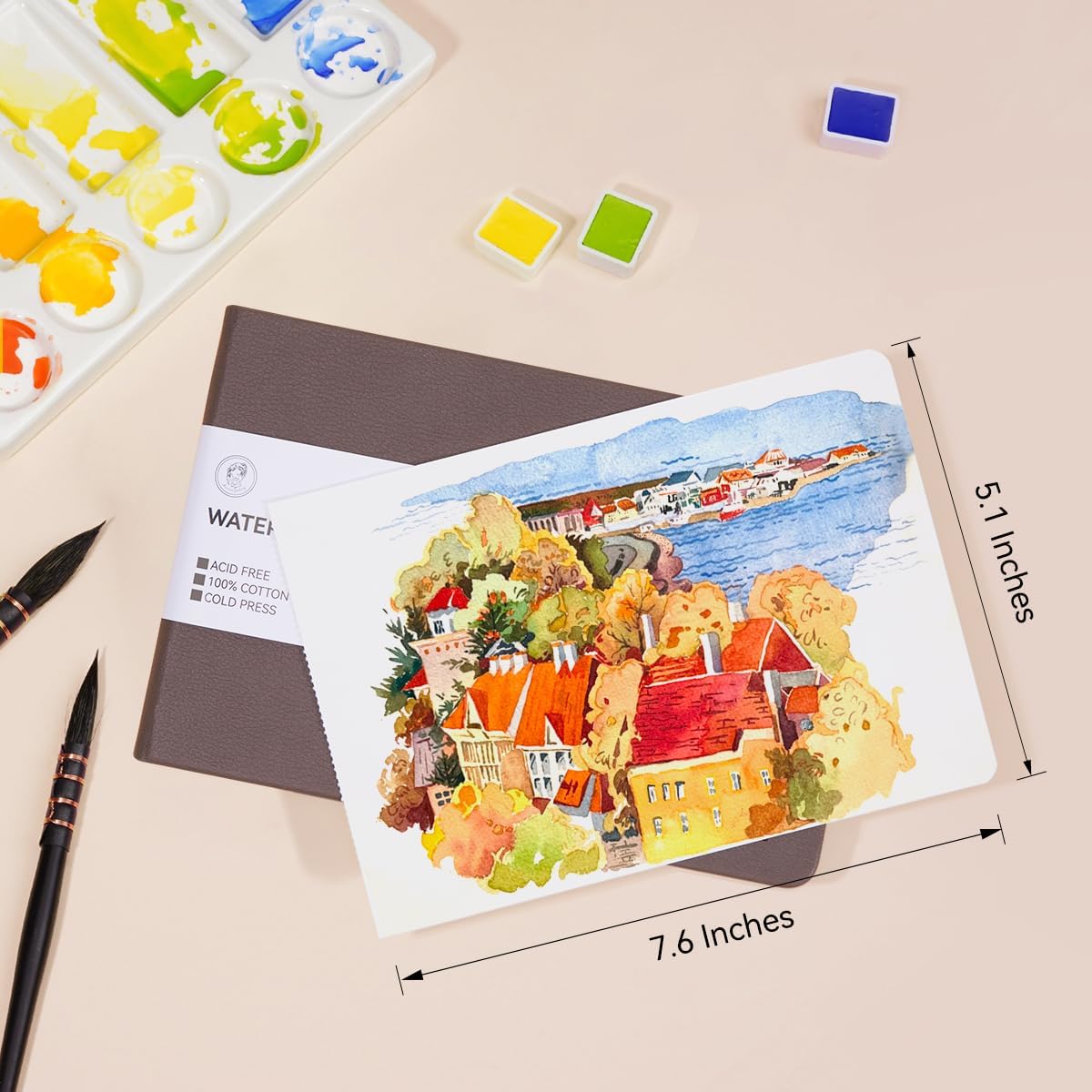 Lightwish Watercolor Journal, 2 Pack 40 Sheets 100% Cotton Cold Press Watercolor Paper Sketchbook 7.6” x 5.3”,140lb/300gsm, Acid-Free for Watercolors, Gouache, Acrylics