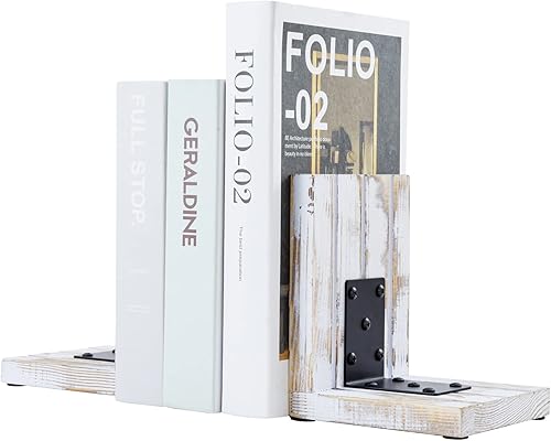 MyGift Sujetalibros decorativos rústicos en forma de L de madera maciza lavada, soportes para libros de decoración de estante de oficina con