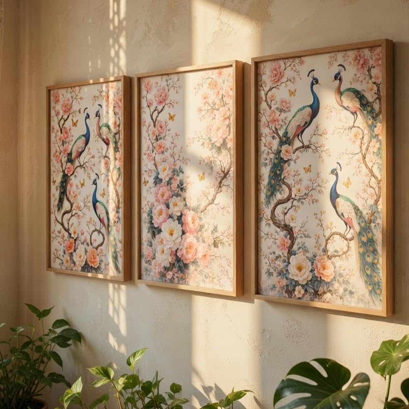 Image of Livin'luxe Peacock Floral Wall Painting Set of 3 with Wooden color Frames | Elegant Bird & Blossom Artwork HD Sparkle Laminated Wall Decor | Botanical Peacock Wall Art for Living Room Bedroom Hallway