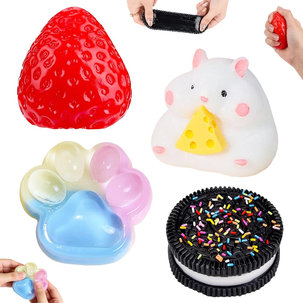 4 Pcs Squishy Set, Soft Squeeze Fidget Toys for Adults, Cat paw, Strawberry, Biscuit, Hamster, Squishy Squeeze Toy Kit for Stress Relief, Sensory Play Fidget Gifts — image 1