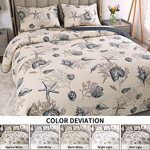 Blue Shell Tread Design 3 Piece Comforter Quilt Bedspeads Sets Queen Cotton White&Blue #TOP5