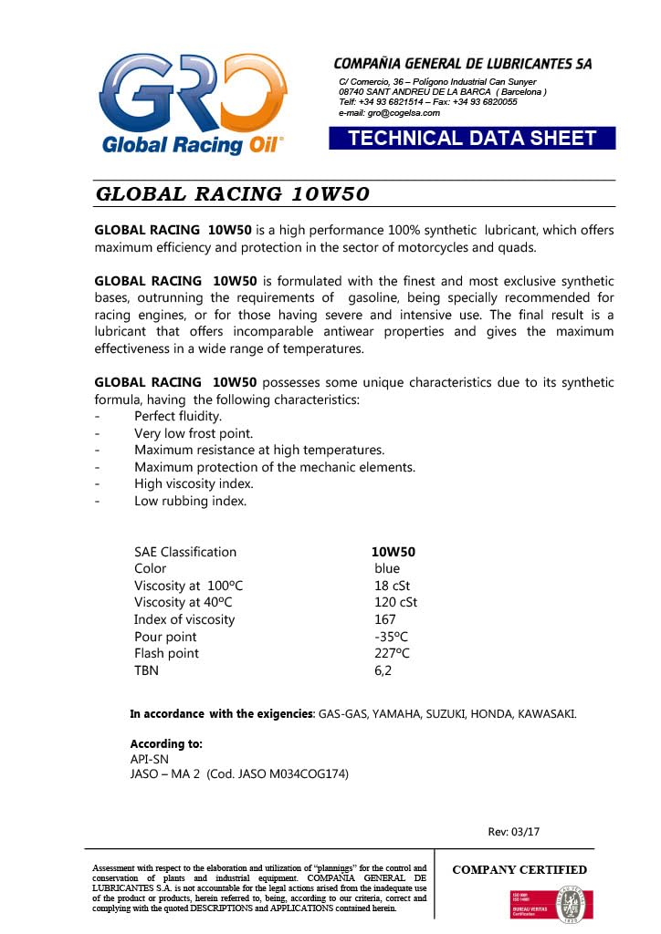OLIO GLOBAL RACING OIL 4T GLOBAL RACING 10W50 100% SINTETICO (BIDONE 4L)