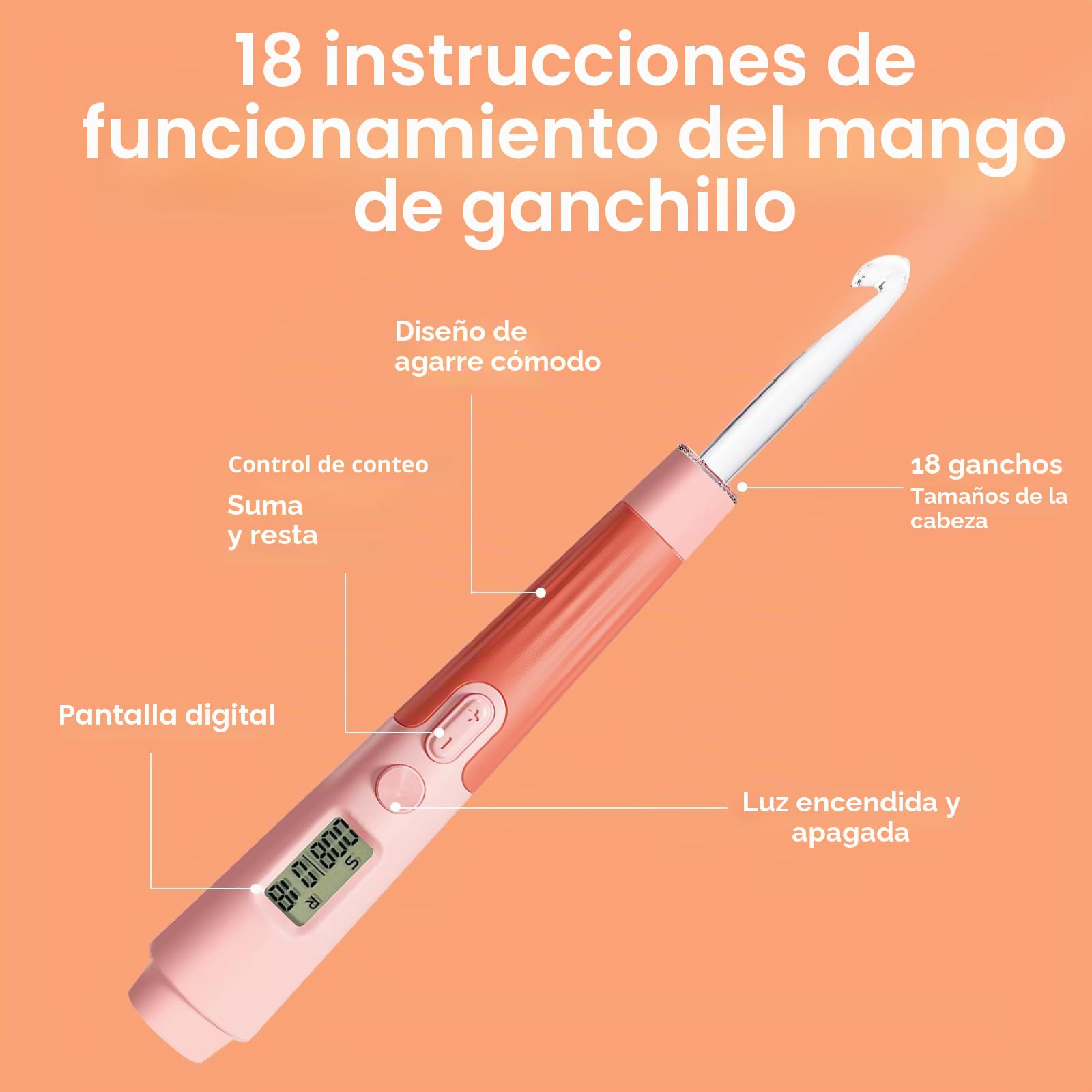 Transplant Juego de agujas de ganchillo 18 en 1 con luz LED con mostrador, llaves y bolsa de almacenamiento, tamaños de 2 a 14 mm, material rosa, plástico y metal, perfecto para principiantes y