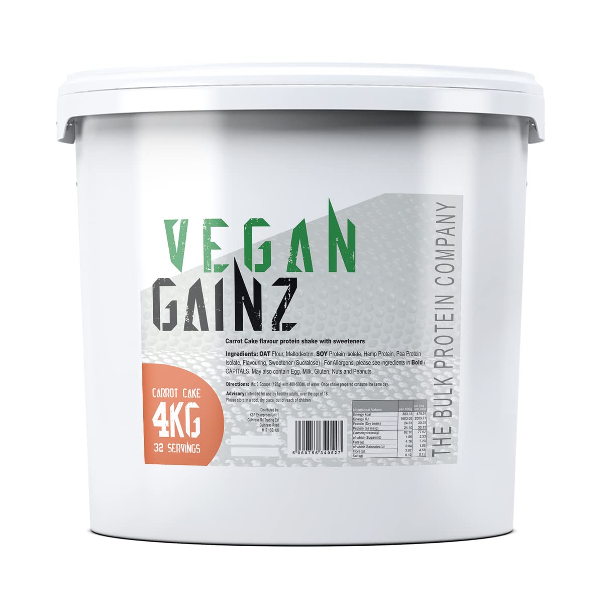 Vegan Gainz 4kg - Plant Based Protein Powder - Weight Gainer- 32 Servings & 30g Protein Per Serving - The Bulk Protein Company (Carrot Cake)