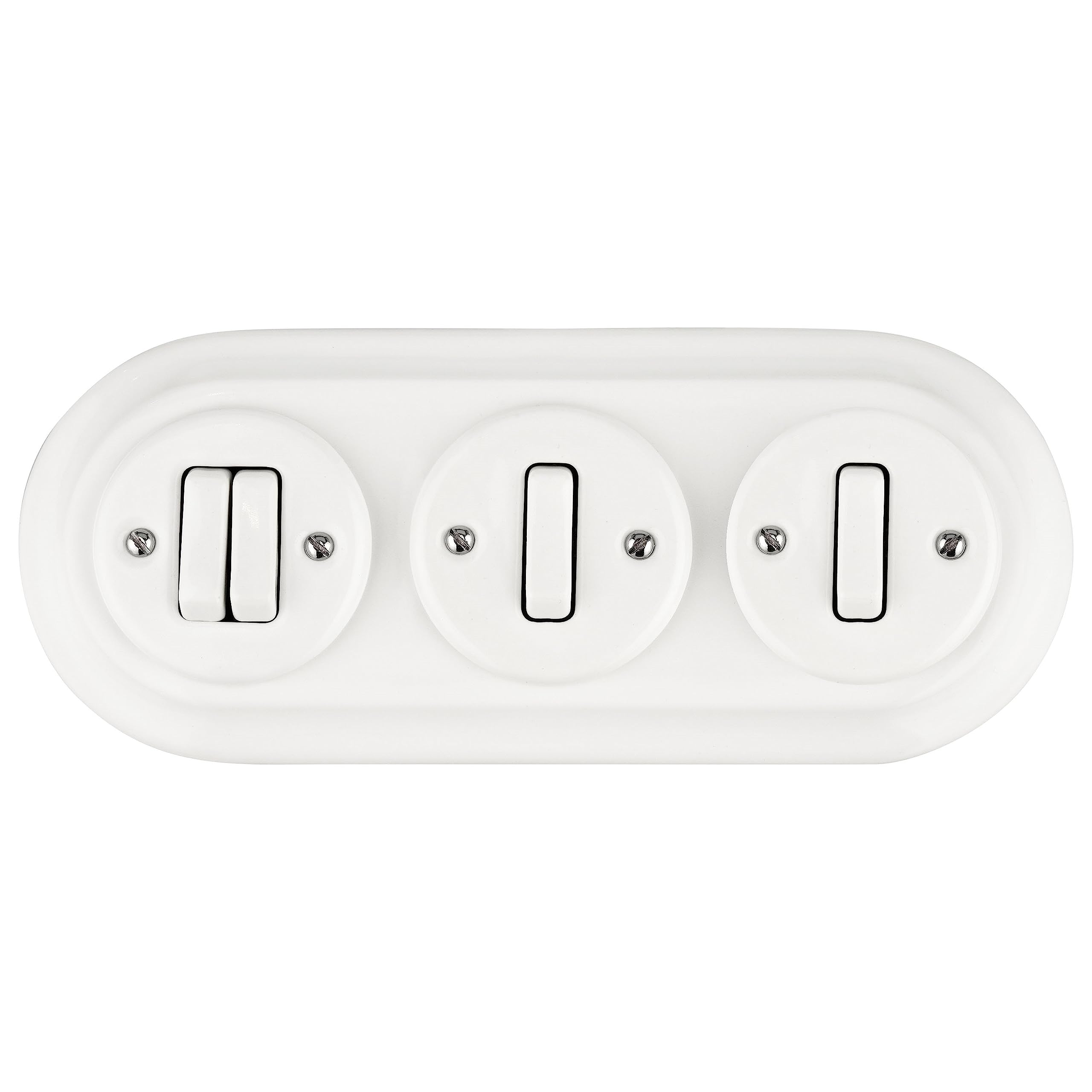 Unterputz Porzellan Retro, Schalter, Doppelschalter, 3-fach, All-in-One, Serie PR1 weiß