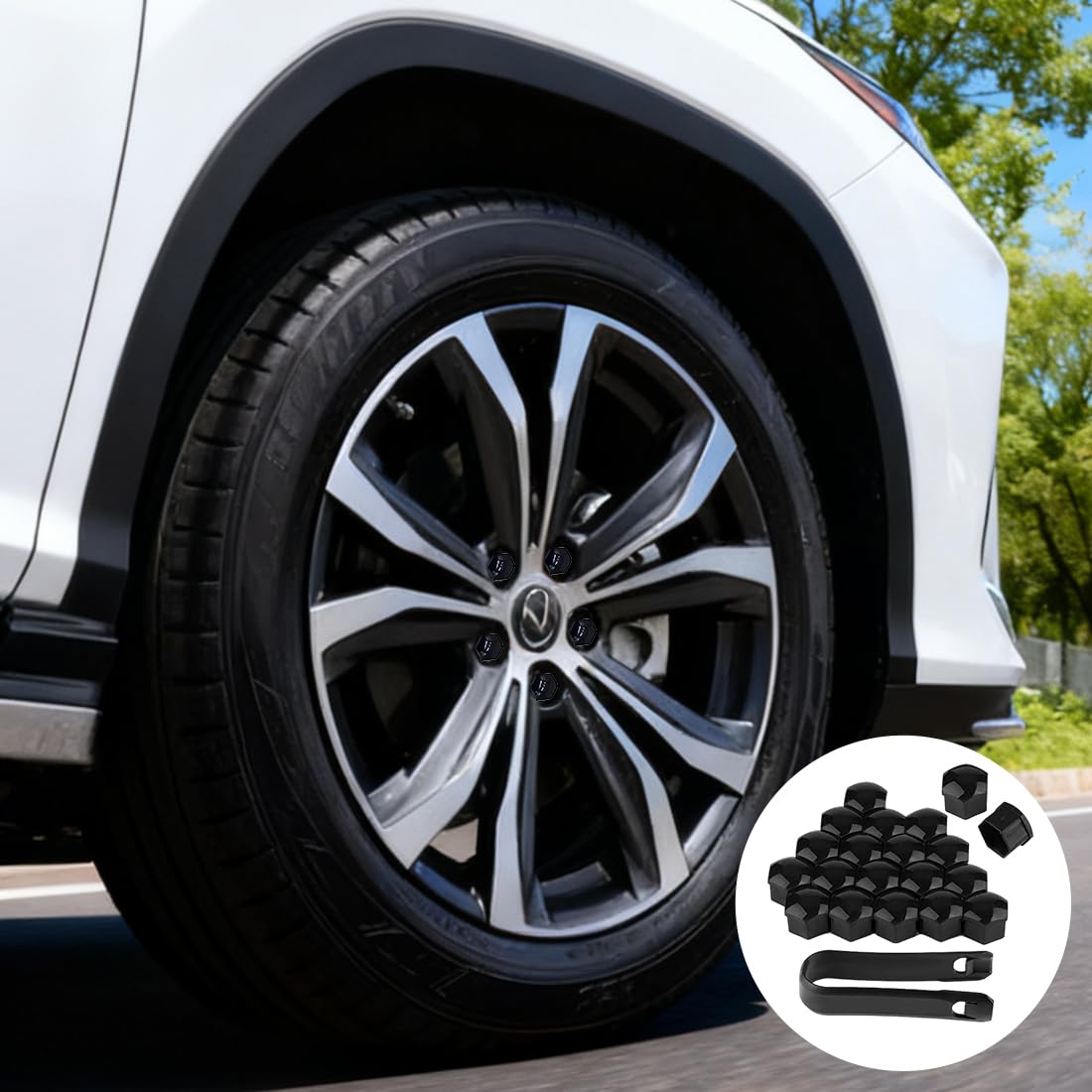 20 Copricerchi Universali Esagonali per Bulloni Ruota con Set di Strumenti di Rimozione Accessori Auto per Esterni (17mm) (Nero)