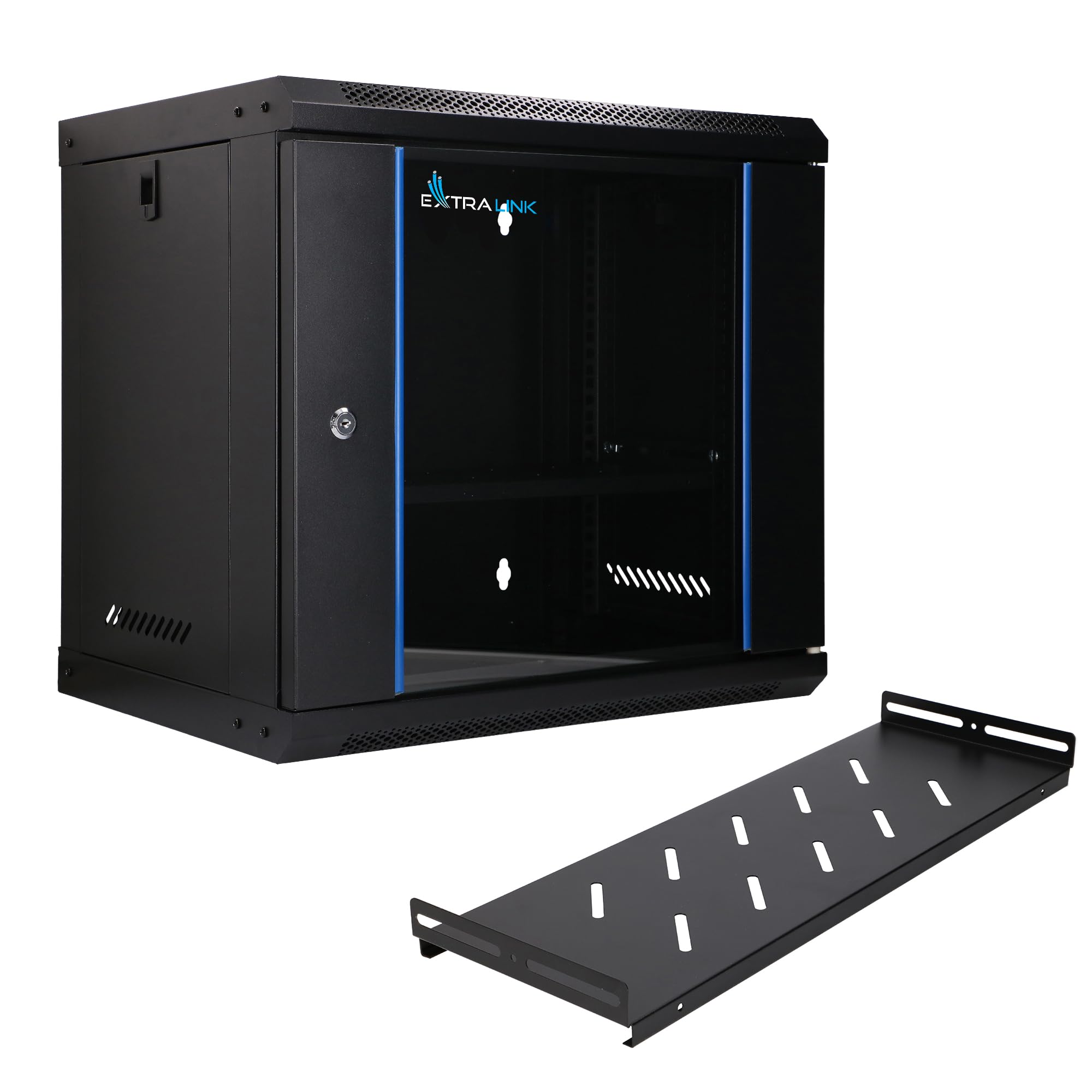 Extralink Serverschrank 19 Zoll 9HE - Netzwerkschrank 400mm Tiefe - Wand oder Standmontage, Traglast 60 kg, 180° Öffnung, schwarz - inkl. praktischer Regale - für Heimnetzwerk & IT-Geräte