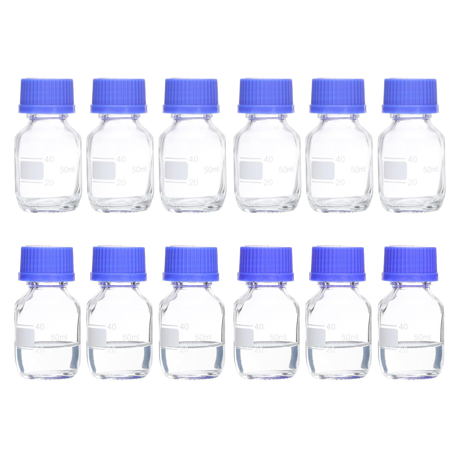PATIKIL 12 Flacons De Stockage De Milieu Réactif, Flacons Ronds Gradués En Verre Borosilicate De 50ml Avec Bouchon À Vis Bleu GL32 Pour Liquides Réactifs De Laboratoire, Transparents