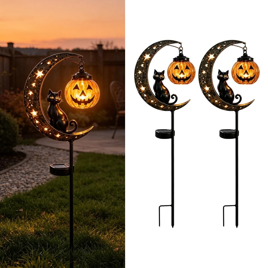 Lampe solaire d'Halloween en forme de chat noir et citrouille - Décoration de jardin LED étanche - Décoration d'allée en verre craquelé à suspendre - Citrouille creuse en métal pour cour