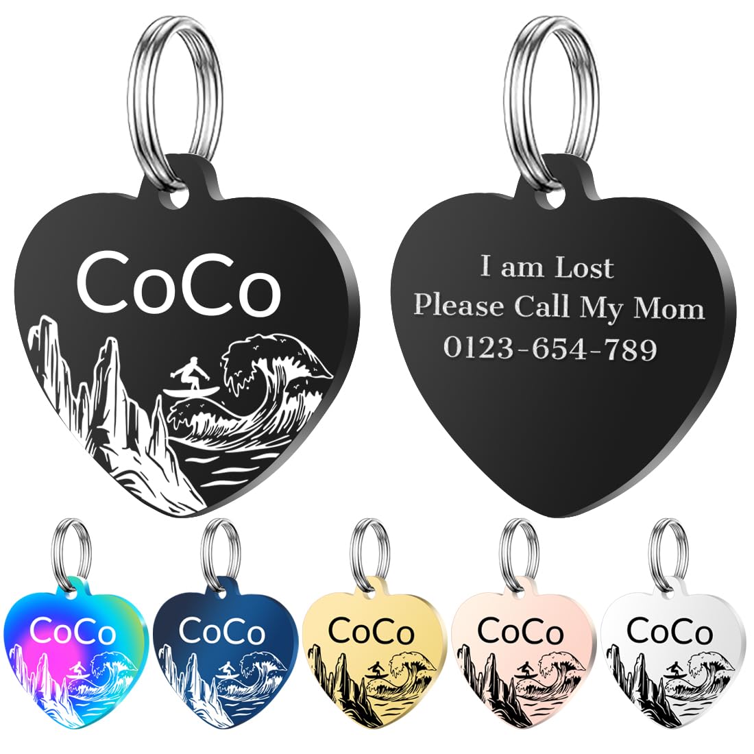 Personalized Dog Tags, Stainless Steel Pet Tags Personalized Cat, Collar Charm Engraved on Both Sides, up to 4 Lines of Custom Text, Multiple Patterns Colors Size Options (Beach, Small)