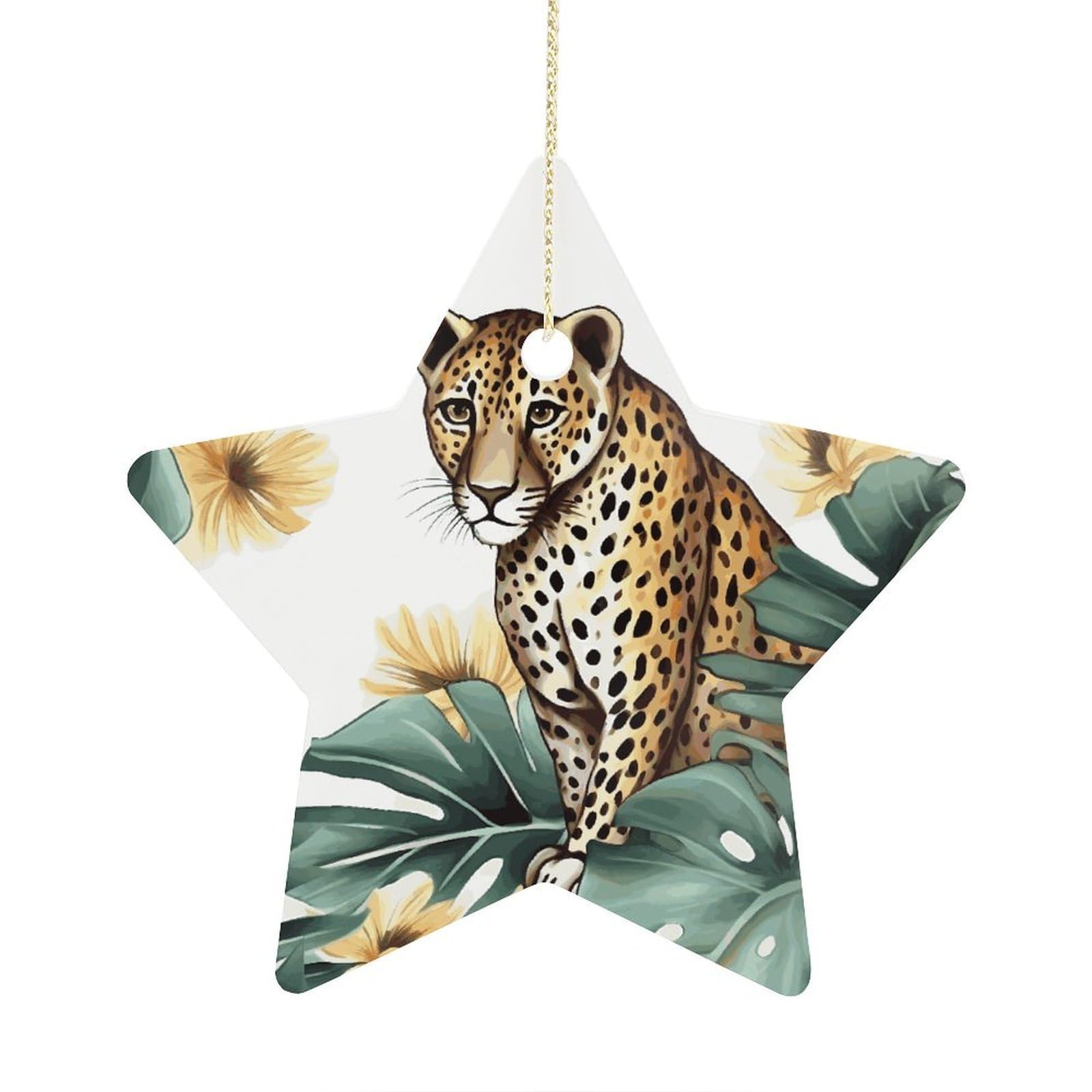 Leopard and Palm Leaves Stars Ornaments Ceramic Christmas Tree Hanging Light in Weight Christmas Star Pendants Funny Double-Sided Printed Xmas Ornaments for Gifts