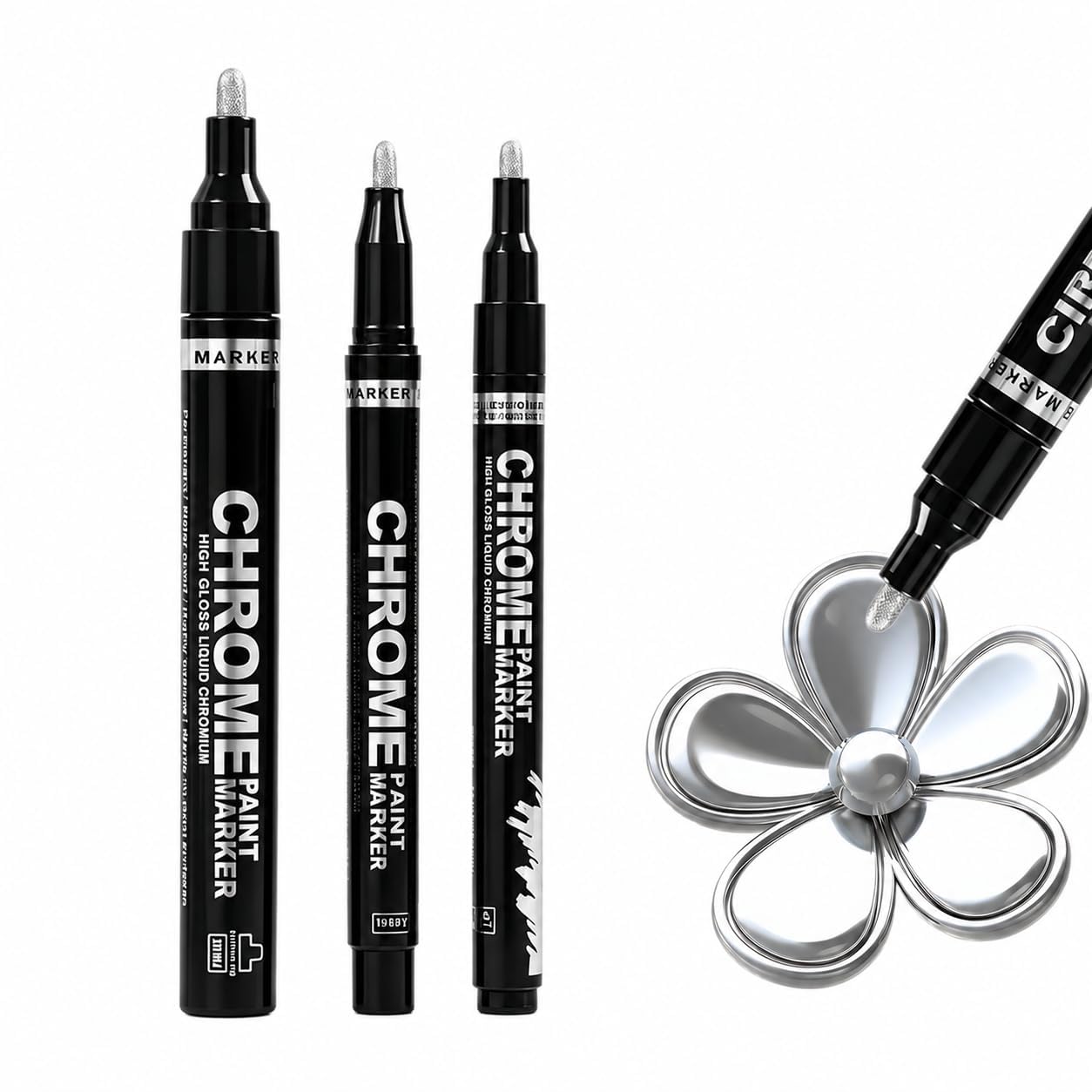 Maggasacca Silver Metallic Chrome Paint Pens, 3 Pack Mirror Effect Touch Up Markers, Permanent Liquid Chrome Pens for Resin Crafts, Model Painting, Metal, Glass, Plastic, DIY Art Supplies