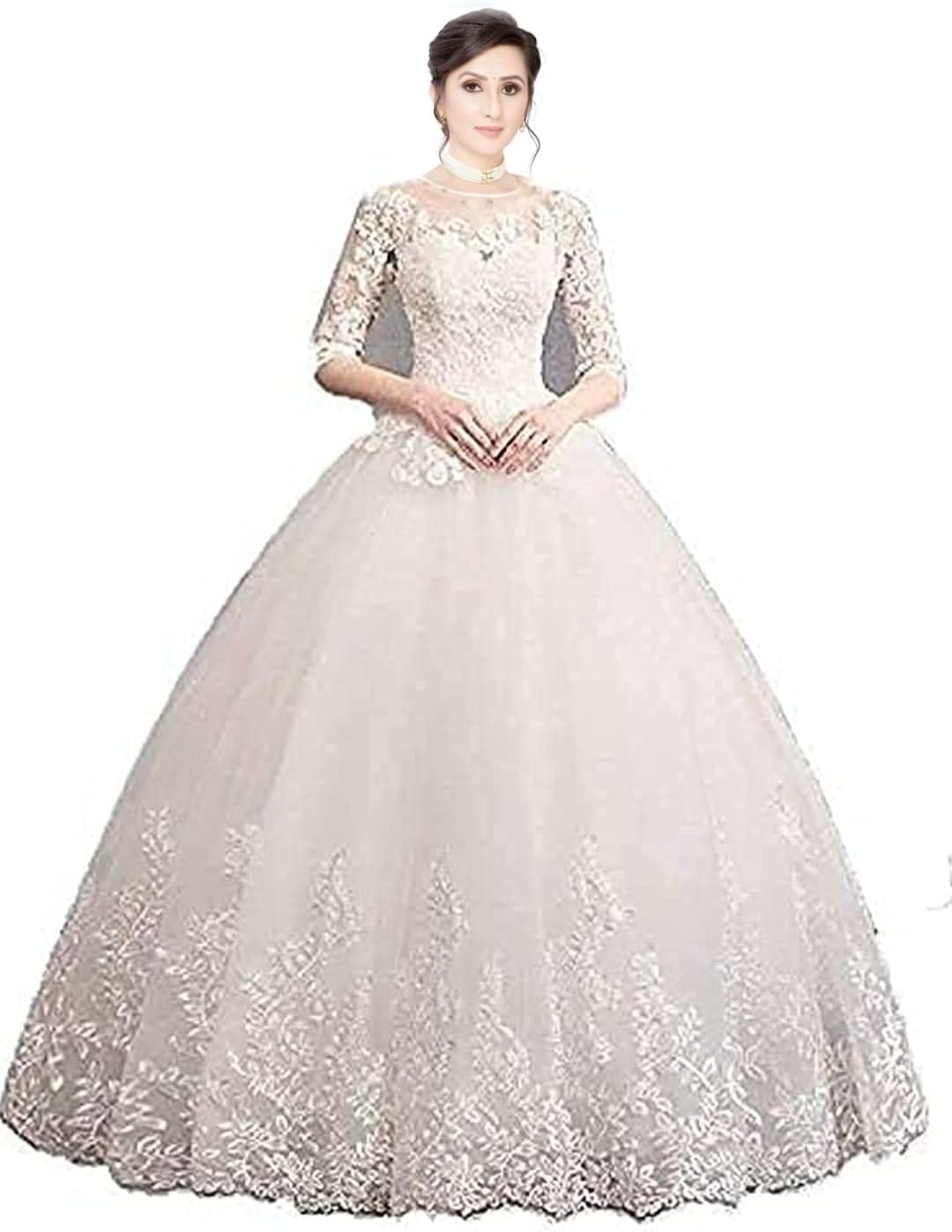 White Full Stitched with Layers Christian Wedding Catholic Wedding White Ball Gown Wedding Dress in White Frock Women with Extra Sleeves (GLD30B) India