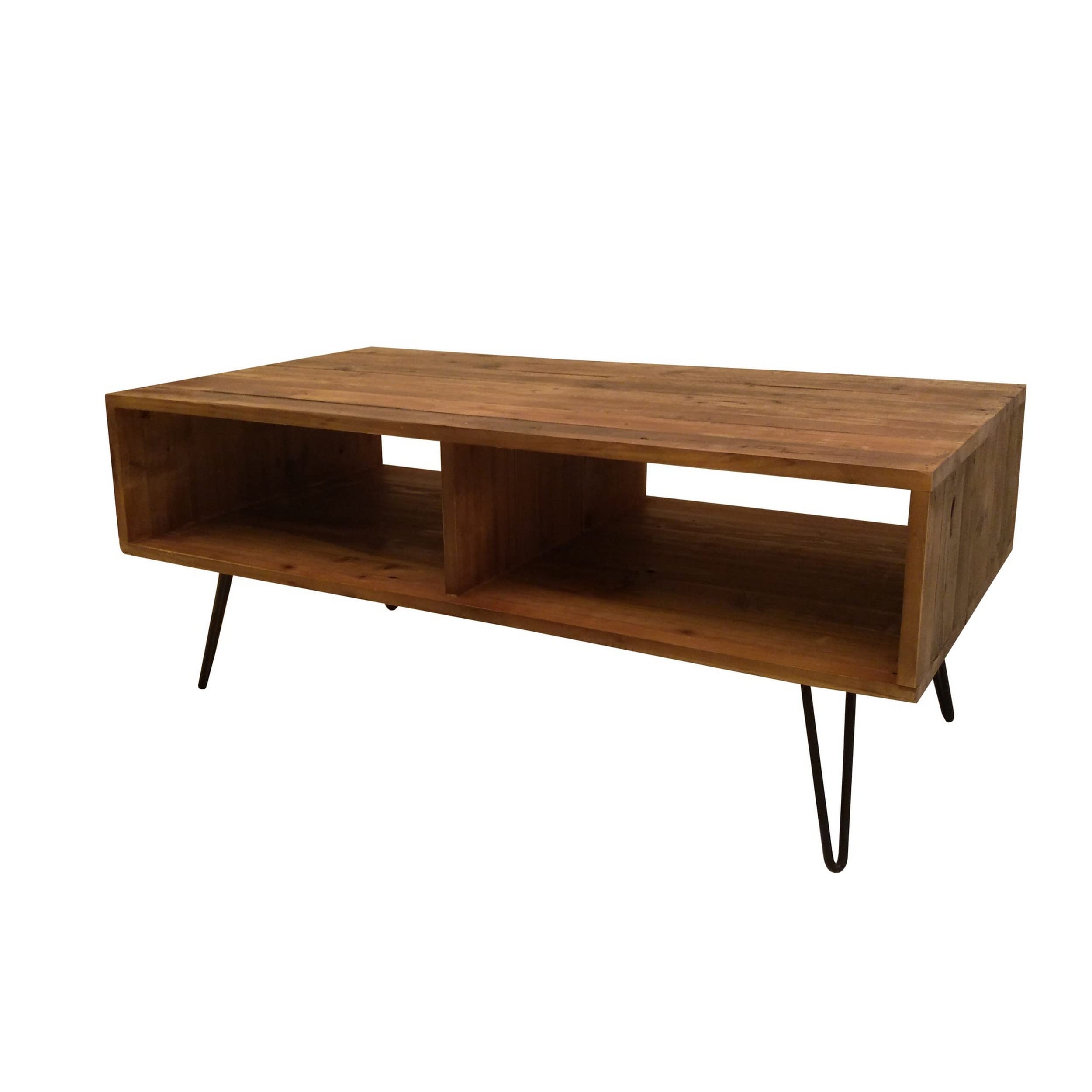 Benjara 42 Inch Modern Cocktail Coffee Table with Open Compartments Brown Wood Top