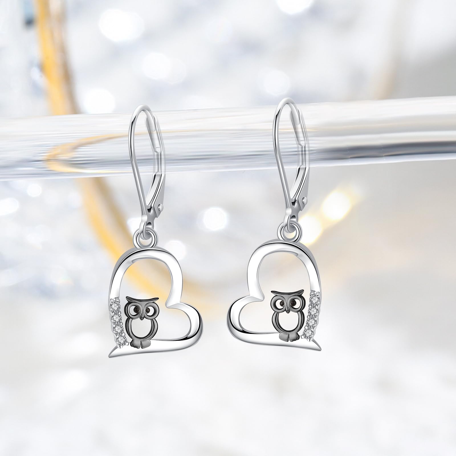 REDSUN Boucles d'oreilles hibou en forme de cœur en argent sterling 925 pour femme - Boucles d'oreilles pendantes en forme de chouette noire - Cadeau hypoallergénique pour filles, femmes, femmes