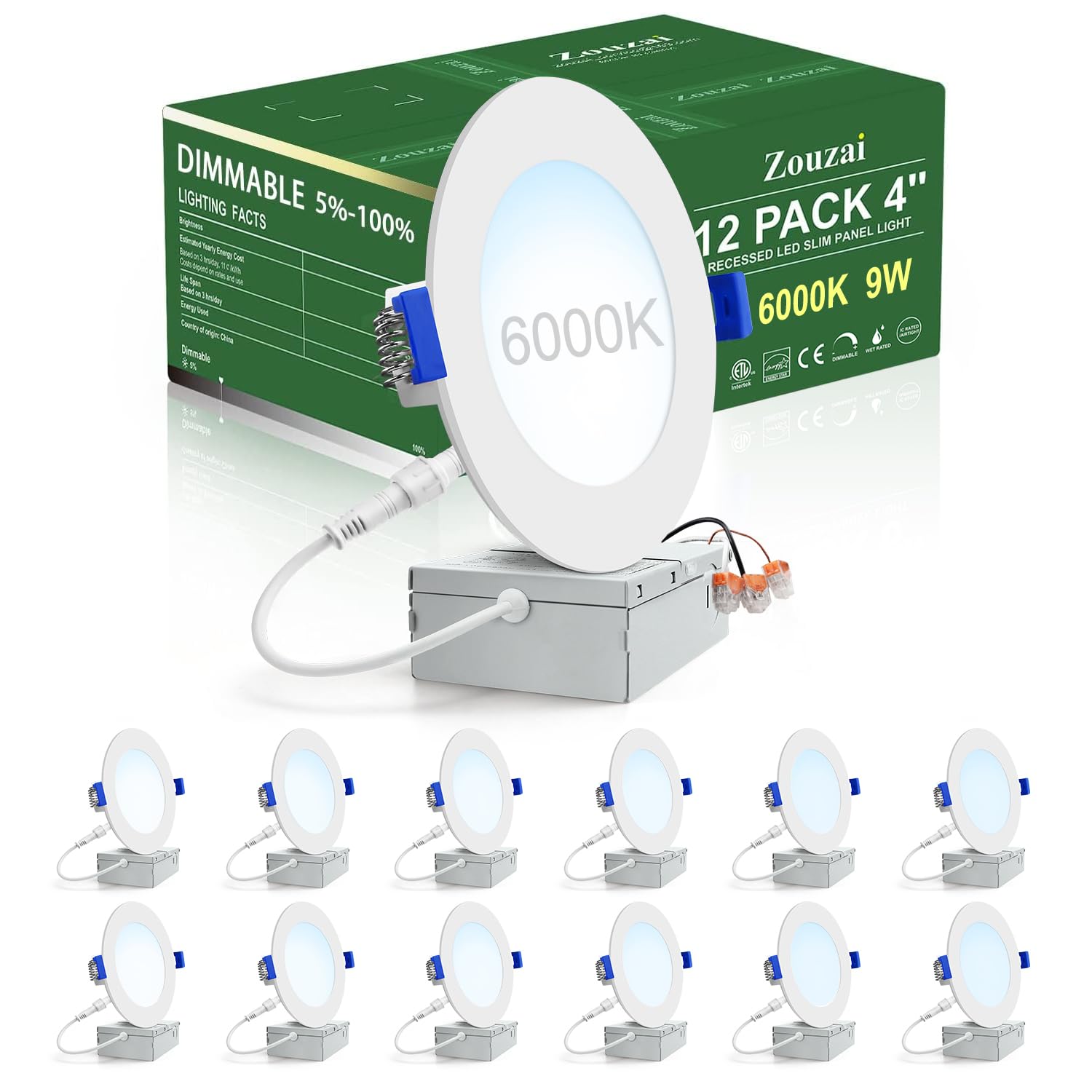 zouzai 12 Pack 4 Inch 6000K Ultra-Thin LED Recessed Light with Junction Box, 9W 810lm Dimmable,Ra>85 High Brightness - ETL an Energy Star Certified