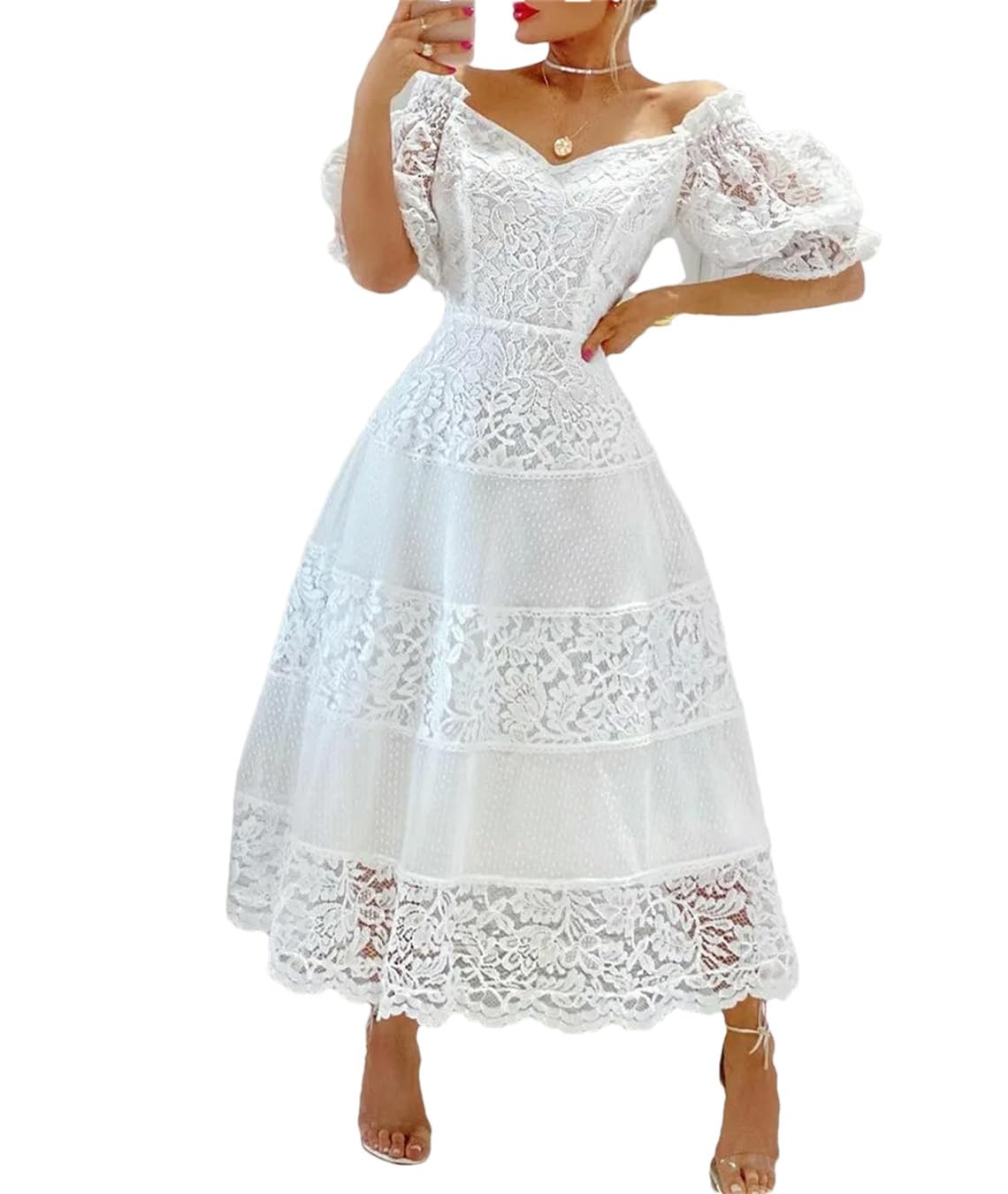 Wjnvfioo Vestido de verano con estampado floral para mujer, elegante, manga abombada, cuello sesgado, costuras de encaje, vestidos largos de fiesta
