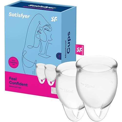Satisfyer Feel Confident Menstrual Cup - Reusable Period Cup with Removal Ring - Soft, Flexible Body-Safe Silicone, Easy Insertion & Removal - Includes 2 Cup Sizes for All Flows (White)