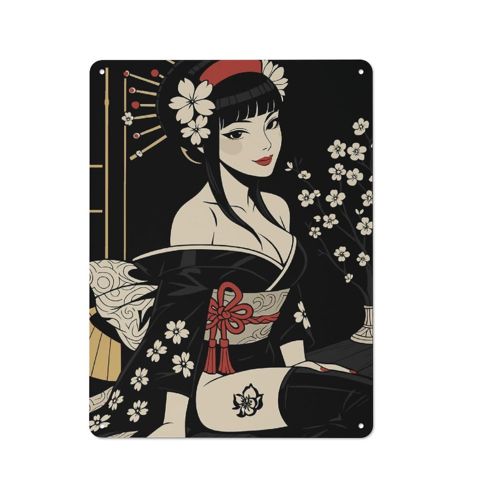 Junmoney Geisha With Cherry Blossoms Illustration Industrial Metal Sign 40X30cm, Clean Industrial Loft Wall Plaque For Modern Home, Workshop, Office Or Cafe