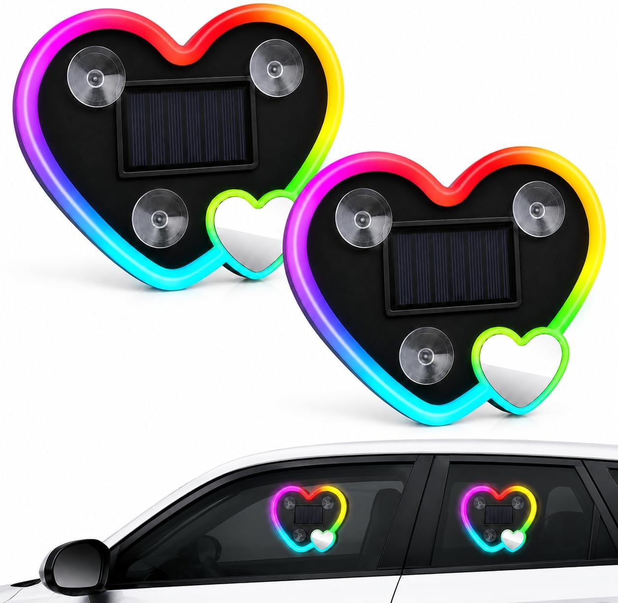 KSHOW Solar Heart Car Window Light, USB Rechargeable, 8 Light Modes