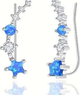 Star Ear Climbers Earrings for Women Girls Sterling Silver Cuffs Wrap Crawler Earrings Moonstone/Moss Agate/Fire Opal/Cubic Zirconia Hypoallergenic Jewelry Anniversary Birthday Christmas Gifts for Her