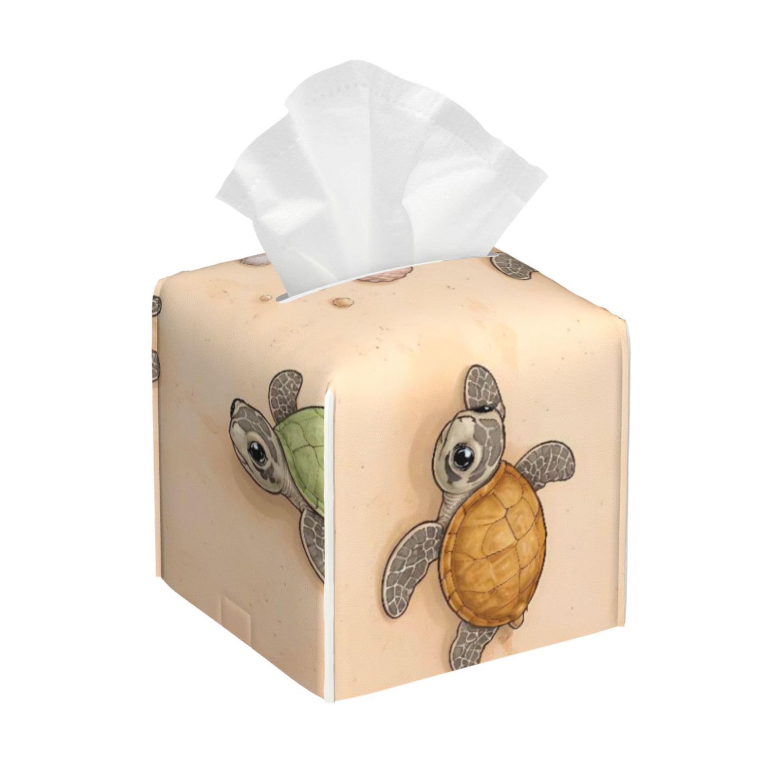 Beach Turtles Leather Tissue Box Cover Holder Square Facial Paper Organizer 5.2" X 5.2" X 5.2"