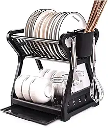 Escorredor de Louça Desmontável Compacto Plástico Preto - Organizador de Pratos, Copos e Talheres (Não Enferruja) (Preto)