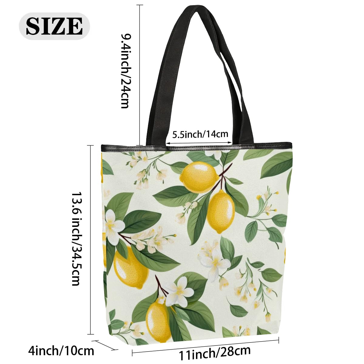 Mularoka Watercolour Lemon Leaf Flower Canvas Tote Bag with Zipper and Pockets Canvas Tote Shopping Bag Women Reusable Grocery Bag for Beach Travel Gym Shopping