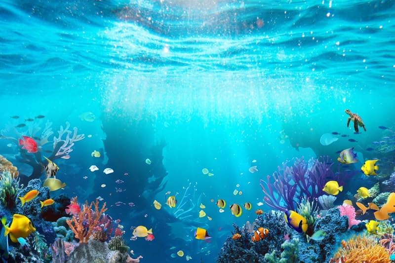 Under The Sea Backdrop Nautical Underwater World Coral Turtle Fish Decorations Background Ocean Seabed Sunlight Diving Backdrop Aquarium Cake Table Banner Studio Props Vinyl 10x8ft