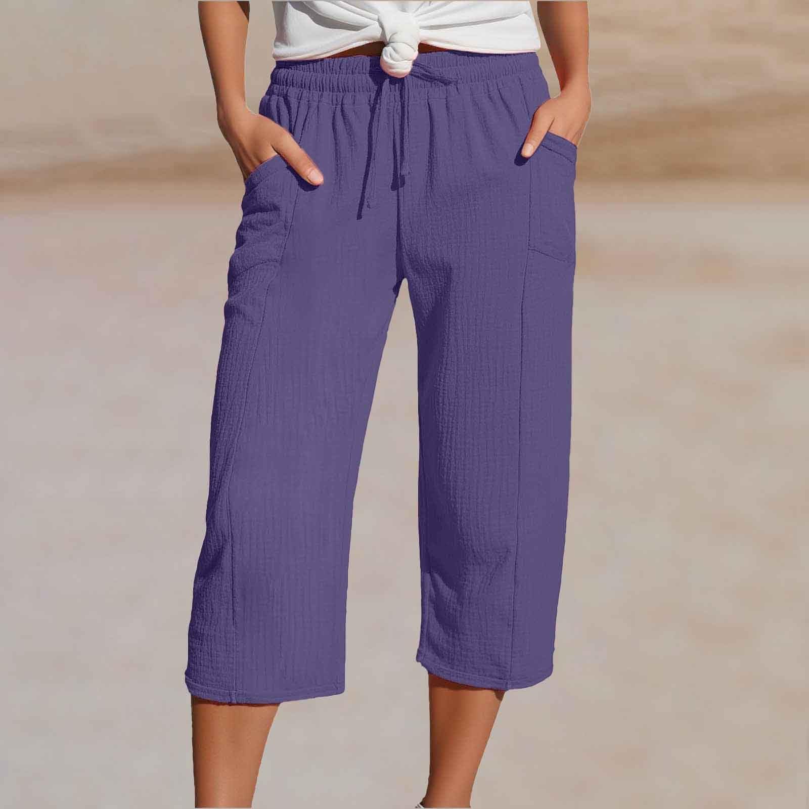 Capris Pants for Women Cotton Linen Casual Summer 2025 Wide Leg Loose Comfy Drawstring Elastic Waist Cropped Trousers A05-Light Purple XXL