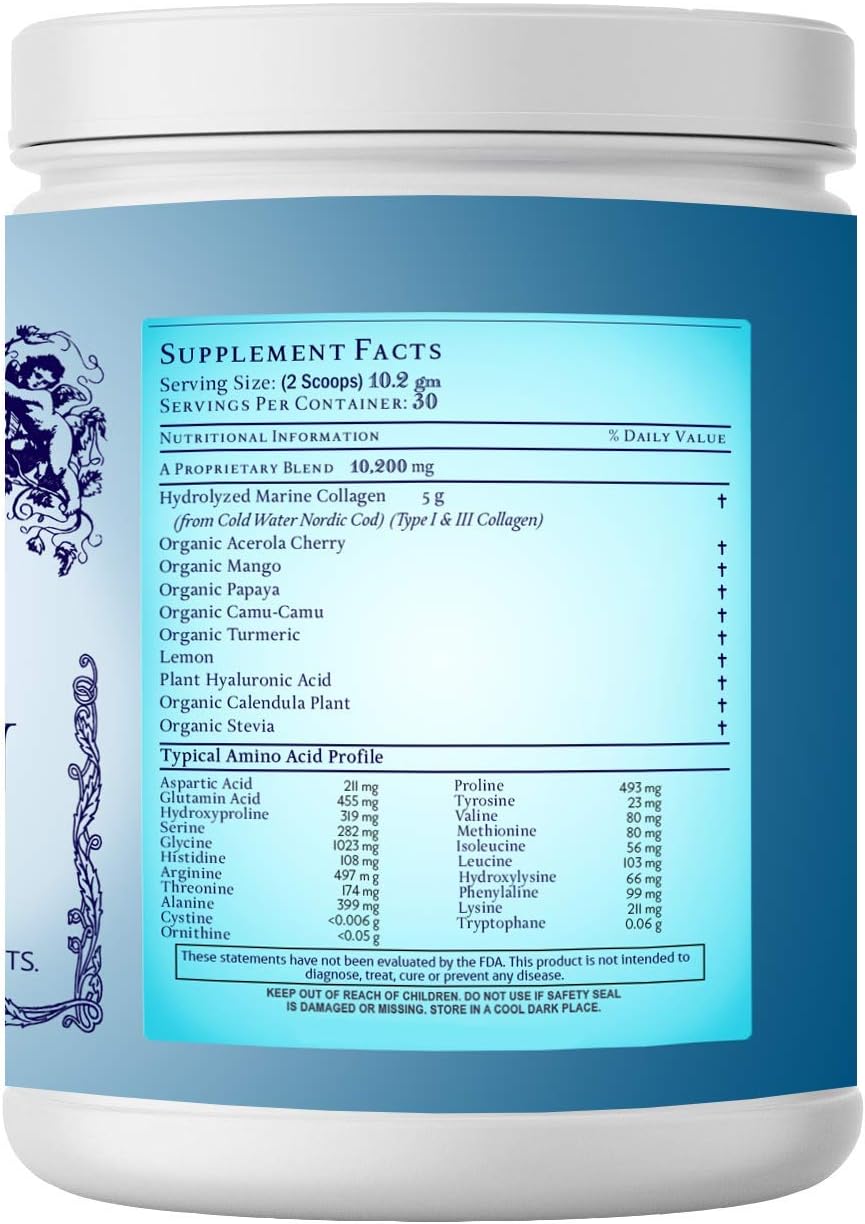 Catie's Marine Collagen- Premium Wild Caught Collagen (Type 1 & 3) from Cold Water Nordic Cod w/Plant Based Vitamin C, Hyaluronic Acid + Herbs! Non GMO. 30 Day Supply.