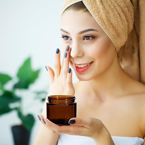 Miniatura 5 de Tarros de vidrio ámbar de 1 oz con tapas, paquete de 27 frascos pequeños de 1 onza con forro interior y tapas negras, tarros de viaje para