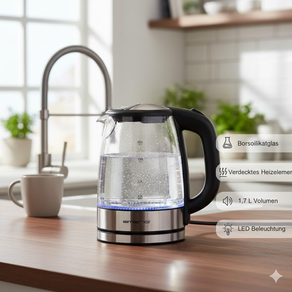 Emerio Bollitore in vetro WK-119988, 1,7 litri, 2200 watt, illuminazione interna a LED, base a 360°, rapporto prezzo/prestazioni vincente test home & garden 02/2019, 1,7 litri, nero, argento