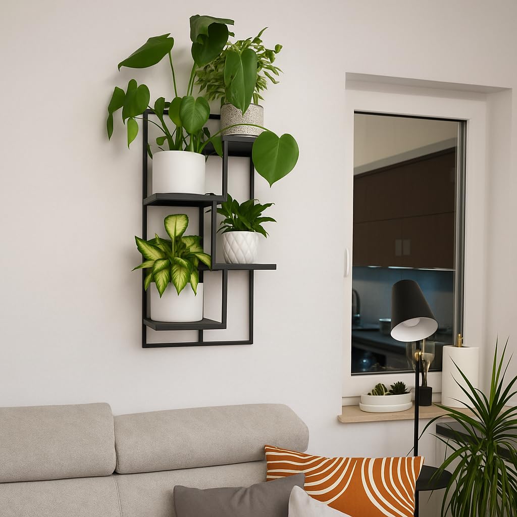 Naścienna Półka na Rośliny - Wiszący Stojak na Kwiaty - Wykonany z Metalu - Nowoczesny Dekor Ścienny do Salonu, Pokoju Nastolatka, Sypialni, Kuchni - 38x20x80cm - QUATTRO RIPIANI Czarny
