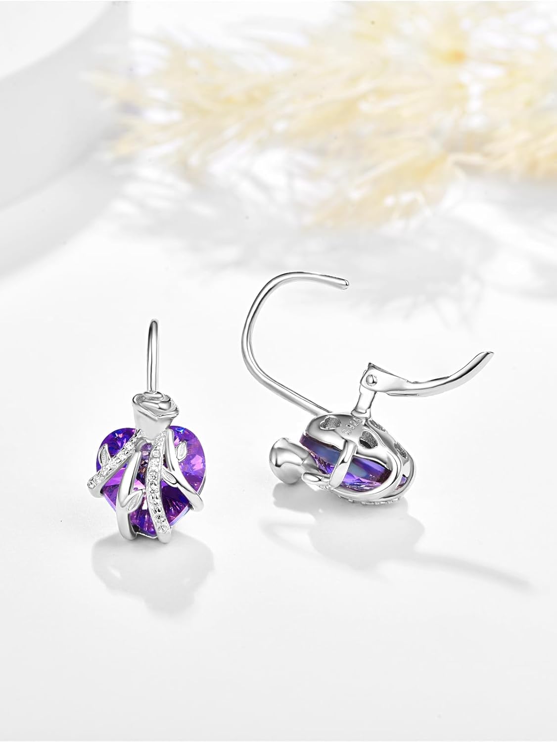 AENEAS Stocking Stuffers for Women Rose Heart Dangle Drop Earrings for Women Sterling Silver Amethyst Rose Flower Dangling Leverback Earrings Flower Jewelry Anniversary Christmas Birthday Gift for Wife Her Mom - Image 2