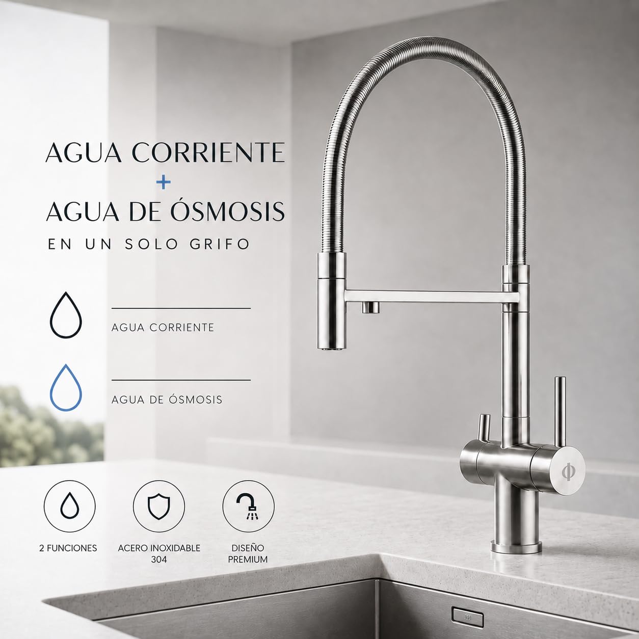 GME Grifo Cocina con Ósmosis y Caño Extraíble, Monomando para Agua Filtrada