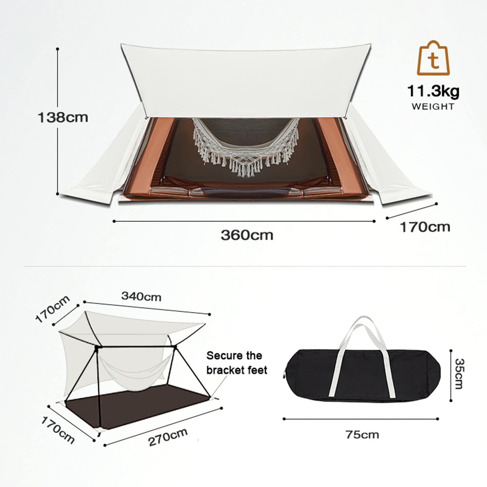 Tente de Camping，Tente de Toit，Tentes de Camping avec hamac pour 3 à 4 Personnes, Tente familiale Double Couche avec Double Toit et Sac de Transport pour campin