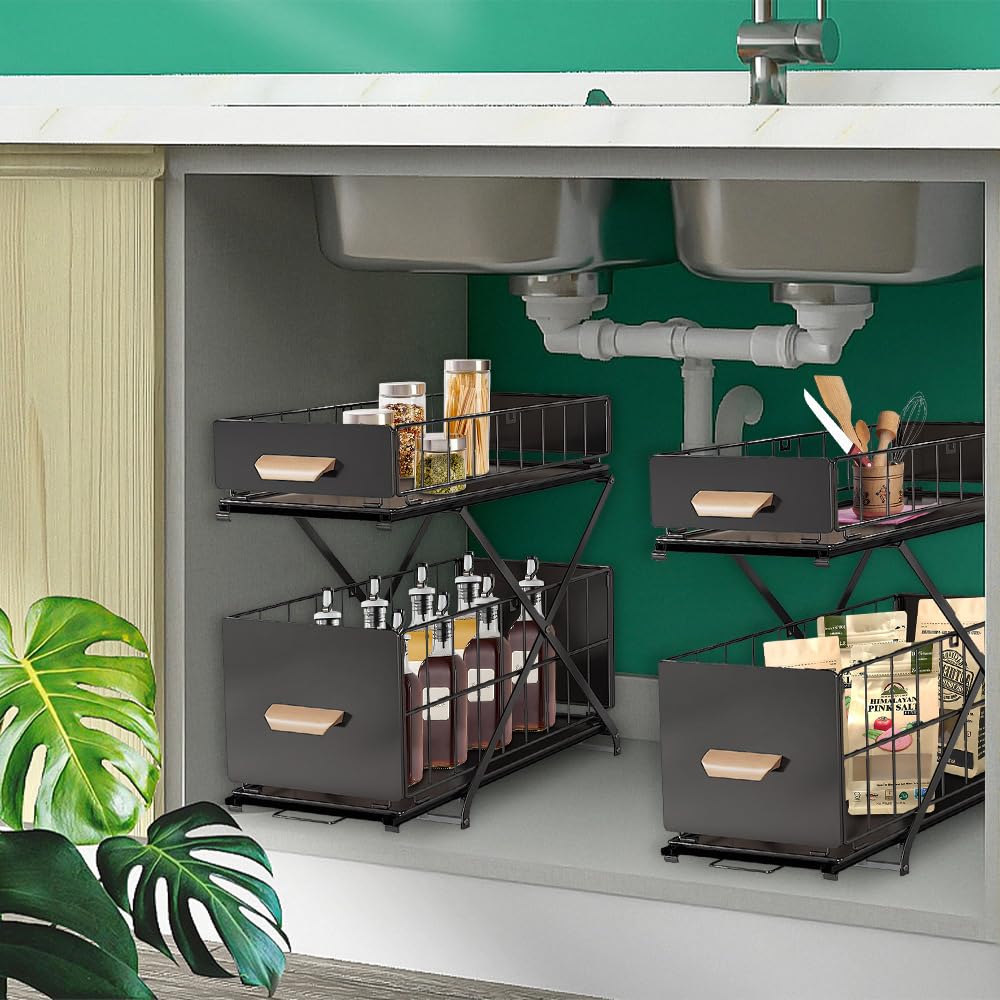 HUOLE Organizador Debajo del Fregadero,con cestas deslizantes extraíbles,para de armarios, encimeras, escritorios, para casa, Oficina, baño, Cocina, Habitaciones,40 * 26 * 43cm-negro-2pc
