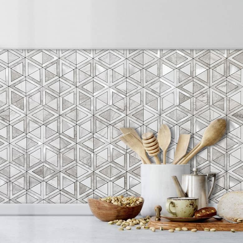 Miniatura 2 de DICOFUN Azulejos de mosaico triangulares de piedra gris de 1 hoja para despegar y pegar contra salpicaduras para cocina, PVC mezclado metal plateado