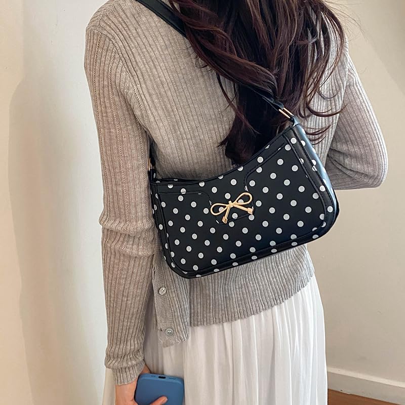 Borsa a tracolla da donna in poliuretano, stile retrò, a pois, con | EcoGleam Borsa a tracolla in poliuretano, stile retrò, a pois, con tasca, fiocco, tracolla imbottita, grande capacità