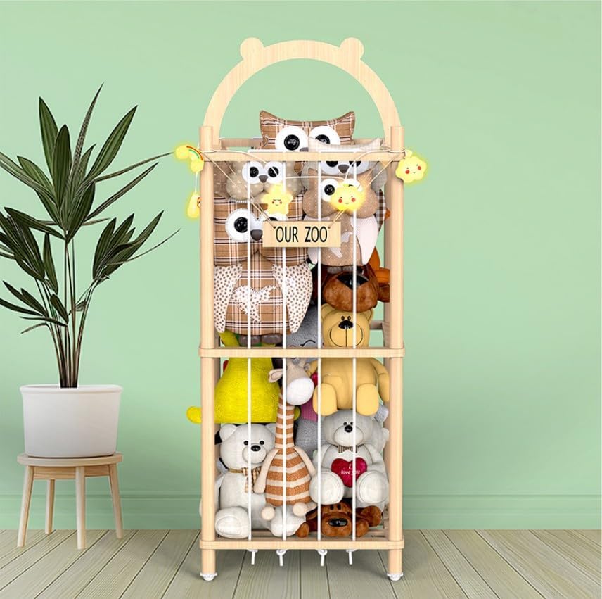 Movable Natural Wood Stuffed Animal Zoo Storage, Patterned Stuffed Animal Storage with Zoo Theme, Elastic Band-Equipped Stuffed Animal Holder, for Nursery/Play Room/Bedroom