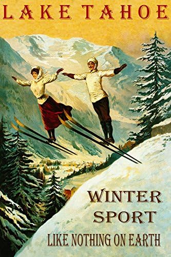 LAKE TAHOE COUPLE SKI JUMPING WINTER SPORT SKIING LIKE NOTHING ON EARTH 16" X 24" IMAGE SIZE VINTAGE POSTER REPRO ON MATTE PAPER