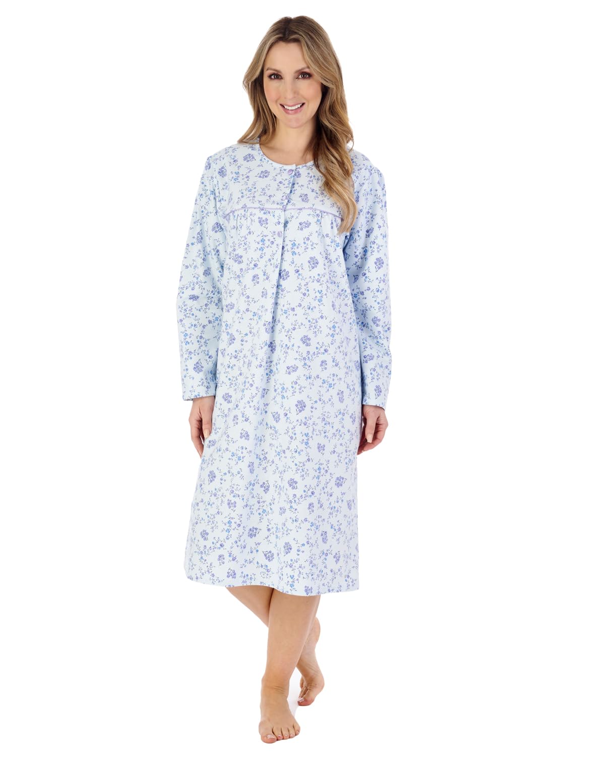 Slenderella Ladies Floral Brushed Cotton Nightdress Long Sleeve Nightgown Nightie UK 20/22 (Blue)