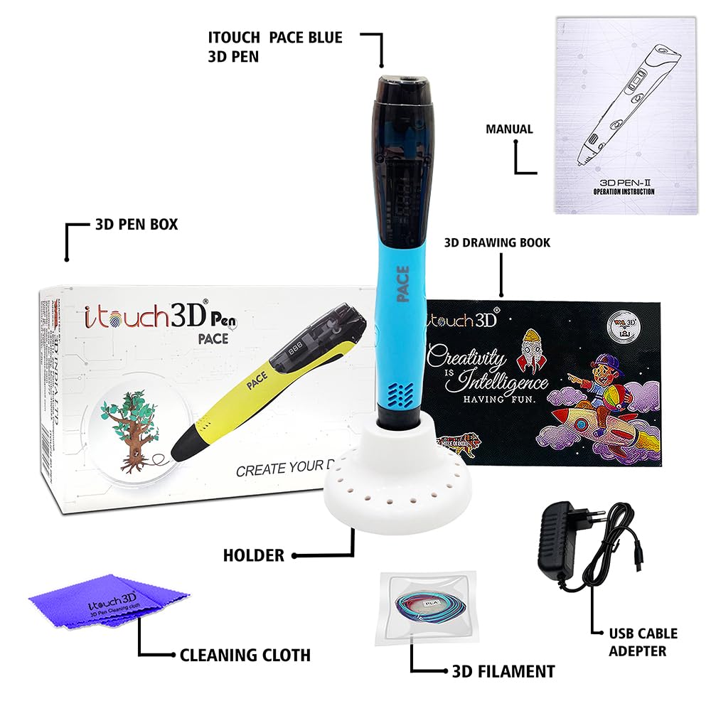 WOL3D I Touch Pace 3D Magic Pen (Blue) for Kids, Ergonomic Grip, Adjustable, Intelligent Speed & Temperature Regulation, OLED Display Speed, Accepts 1.75mm PLA/ABS Filaments, 0.7mm Nozzle, USB 5V 2A 1