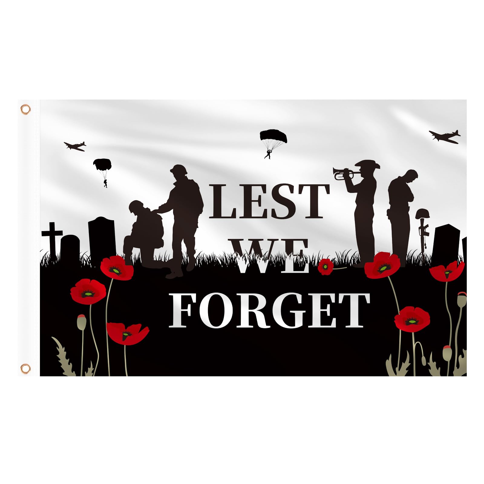 AhfuLife Lest We Forget Flag 5ft x 3ft for Veterans Memorial Day, 4pcs Large Lest We Forget Army Flags - Double Side with Brass Eyelets for Remembrance Day Decorations
